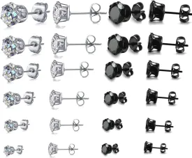 12 Pair Stainless Steel Mens Womens Stud Earrings Set Black and Clear Round Cubic Zirconia Inlaid Pierced Hypoallergenic 3-8mm(24PCS,6 Pairs Black,6 Pairs Clear)