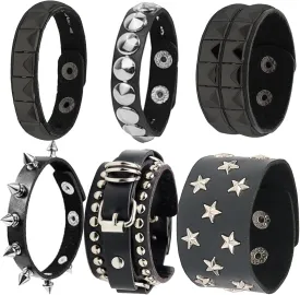 6 PCS Spiked Studded Bracelet Black Leather Rivet Punk Bracelet Cuff