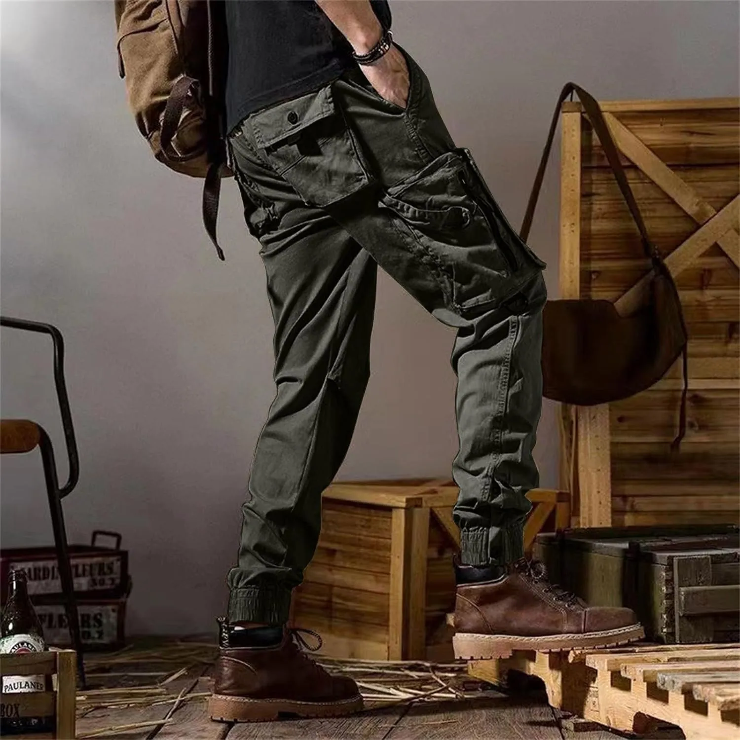 ADHOWBEW Men Cargo Pants Pockets Relaxed Fit Elastic Waist Work Construction Stretch Joggers