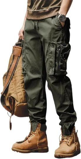 ADHOWBEW Men Cargo Pants Pockets Relaxed Fit Elastic Waist Work Construction Stretch Joggers