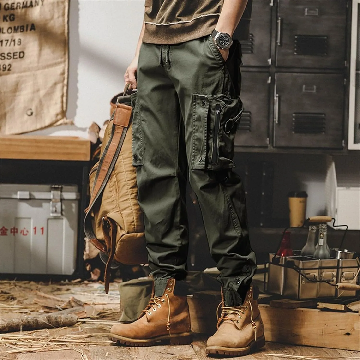 ADHOWBEW Men Cargo Pants Pockets Relaxed Fit Elastic Waist Work Construction Stretch Joggers