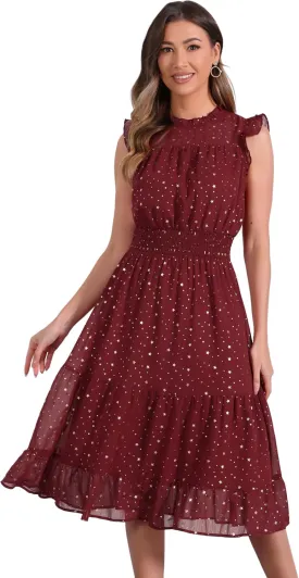 Allegra K Casual Chiffon Midi Dress for Women's Sleeveless Smocked Waist Gilding Metallic Stars Party Dresses