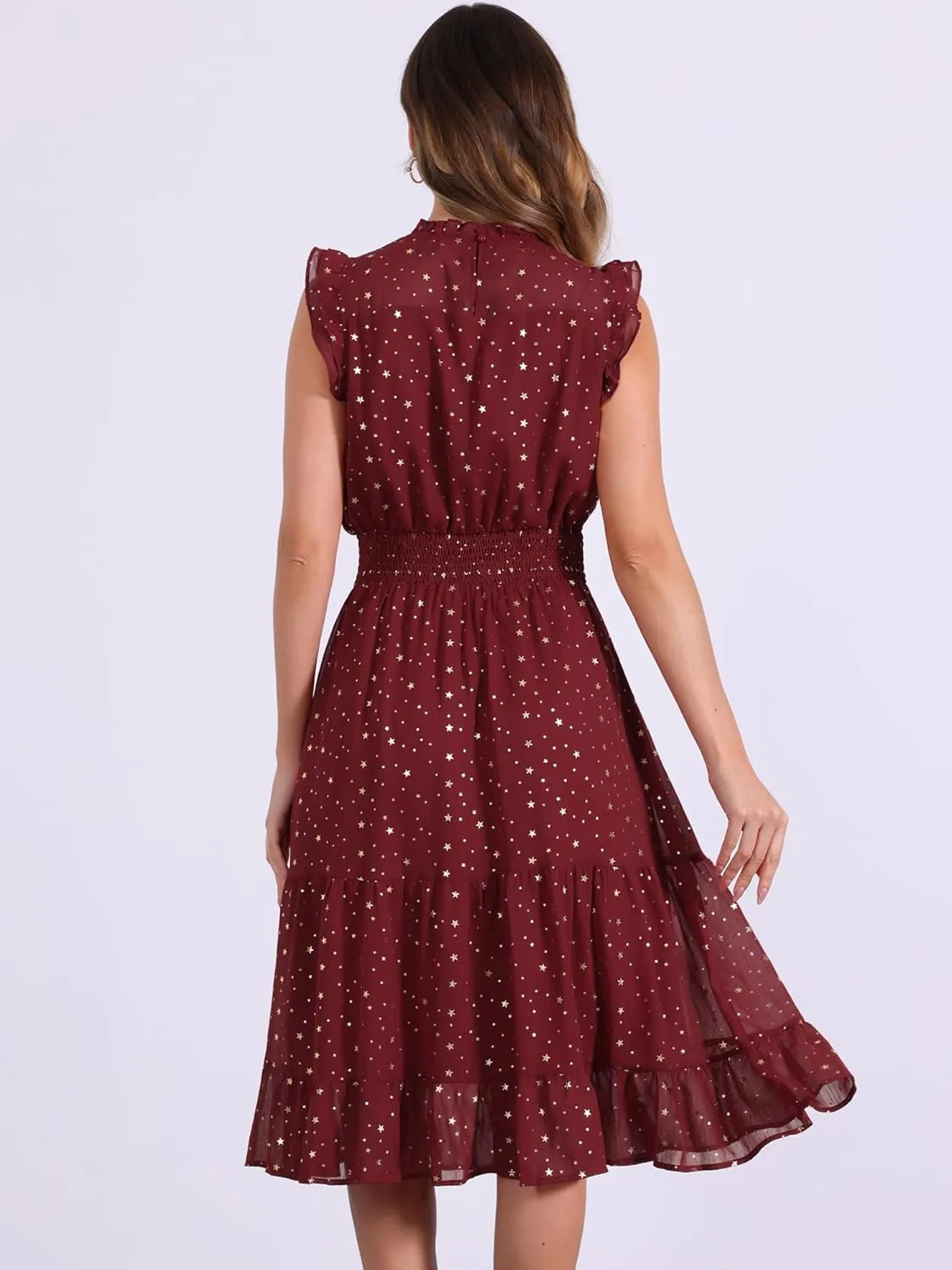 Allegra K Casual Chiffon Midi Dress for Women's Sleeveless Smocked Waist Gilding Metallic Stars Party Dresses