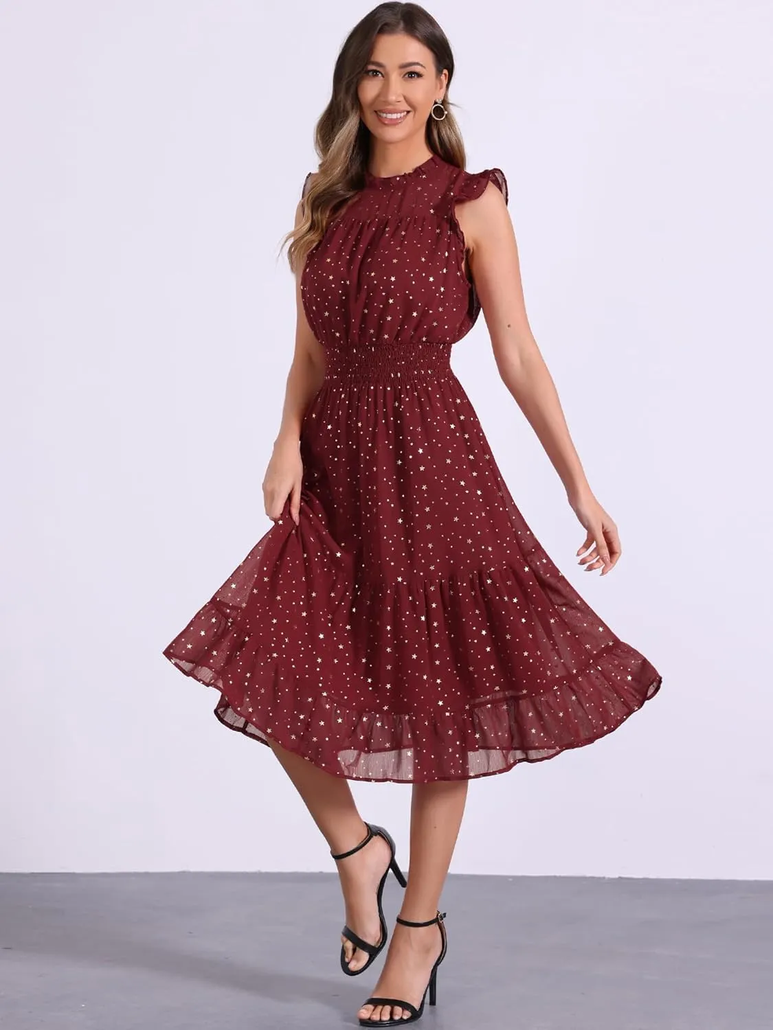Allegra K Casual Chiffon Midi Dress for Women's Sleeveless Smocked Waist Gilding Metallic Stars Party Dresses