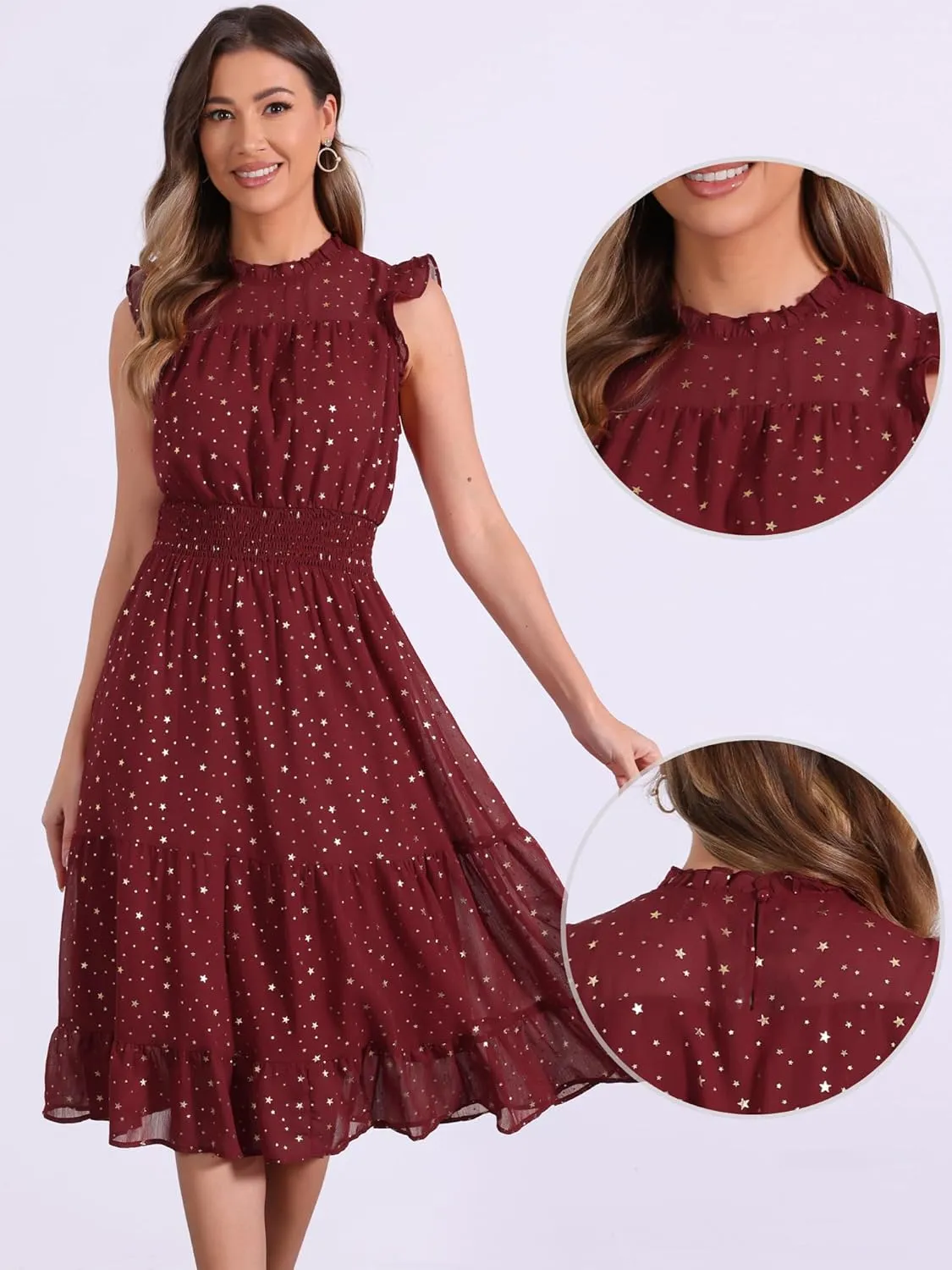 Allegra K Casual Chiffon Midi Dress for Women's Sleeveless Smocked Waist Gilding Metallic Stars Party Dresses