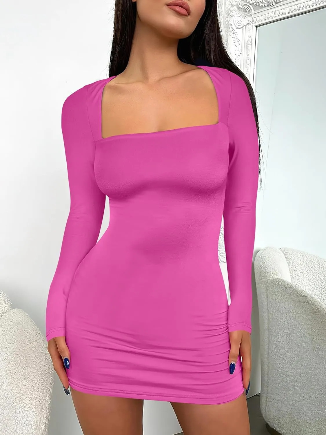 ANRABESS Women Long Sleeve Square Neck Sexy Bodycon Tight Cocktail Party Club Night Formal Short Dress 2025 Going Out Outfits