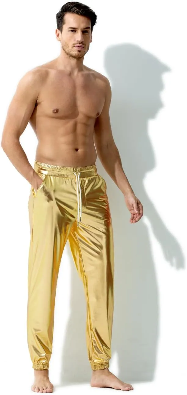 Arjen Kroos Men's Metallic Shiny Jogger Pants Breathable Party Night Club Disco Trousers