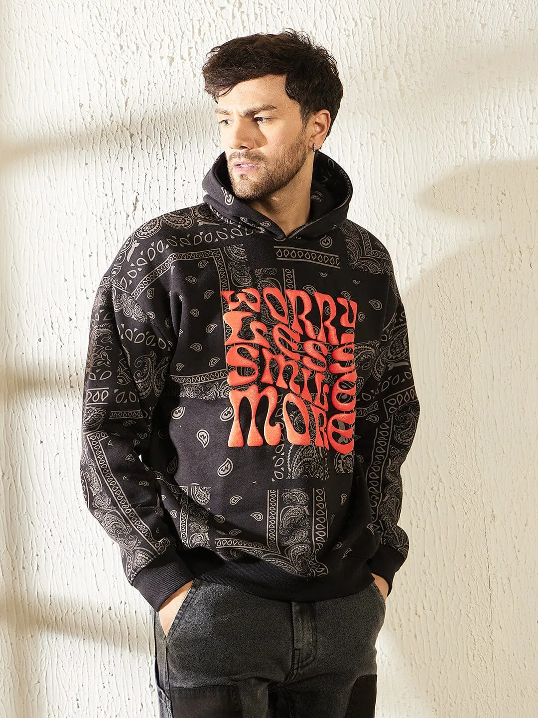Black Paisley Oversized Hooded Sweatshirt