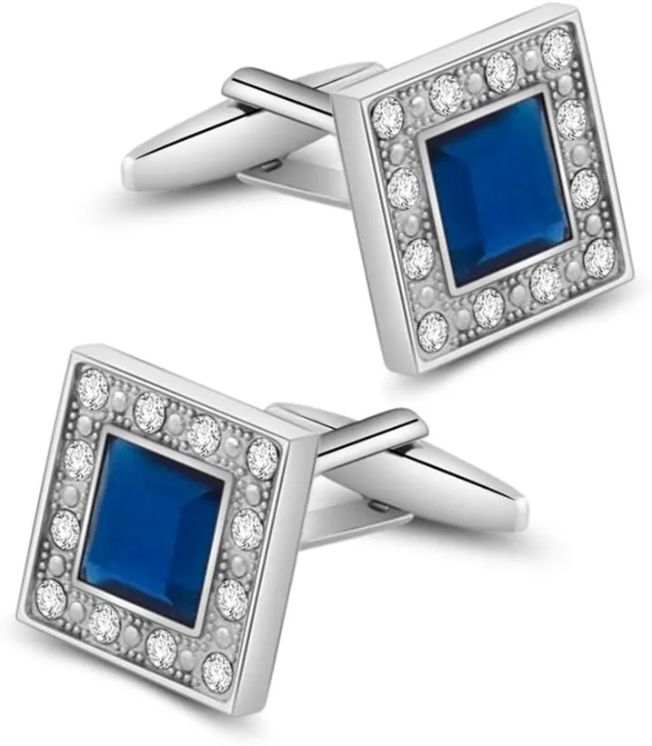 Blue Navy Crystal Square Cufflinks for Men Classical Cuff Links with Gift Box Elegant Style