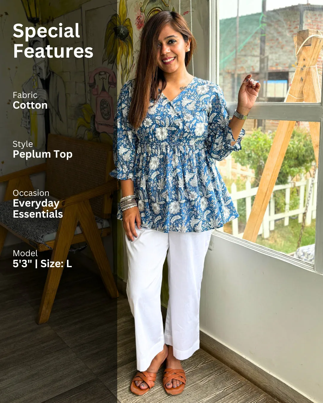 Blue White Cotton Peplum Top