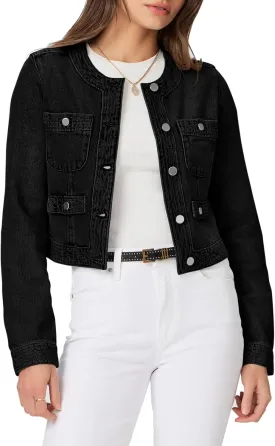 Cicy Bell Womens Cropped Denim Jackets Shirts Dressy Casual Shackets Collarless Button Down Long Sleeve Jean Coats