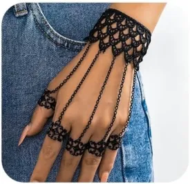 Denifery Dainty Vintage Gothic Halloween Black Lace Bracelet with Ring Bangle Metal Crystal Charm Steampunk Lace Black Slave Hand Chain Tassel Bracelet Rings for Women
