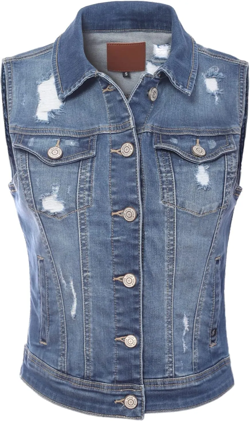 Design by Olivia Women's Classic Sleeveless Stone Wash Distressed Denim Vest
