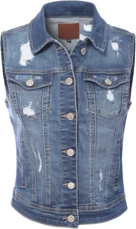Design by Olivia Women's Classic Sleeveless Stone Wash Distressed Denim Vest