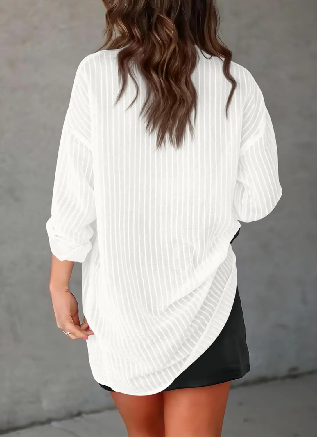 Diosun Womens Striped Sheer Button Down Shirts Long Sleeve Collared Drop Shoulder Stylish Casual Blouse Tops
