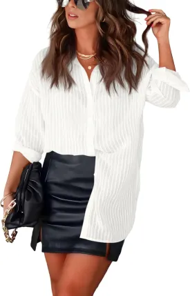 Diosun Womens Striped Sheer Button Down Shirts Long Sleeve Collared Drop Shoulder Stylish Casual Blouse Tops