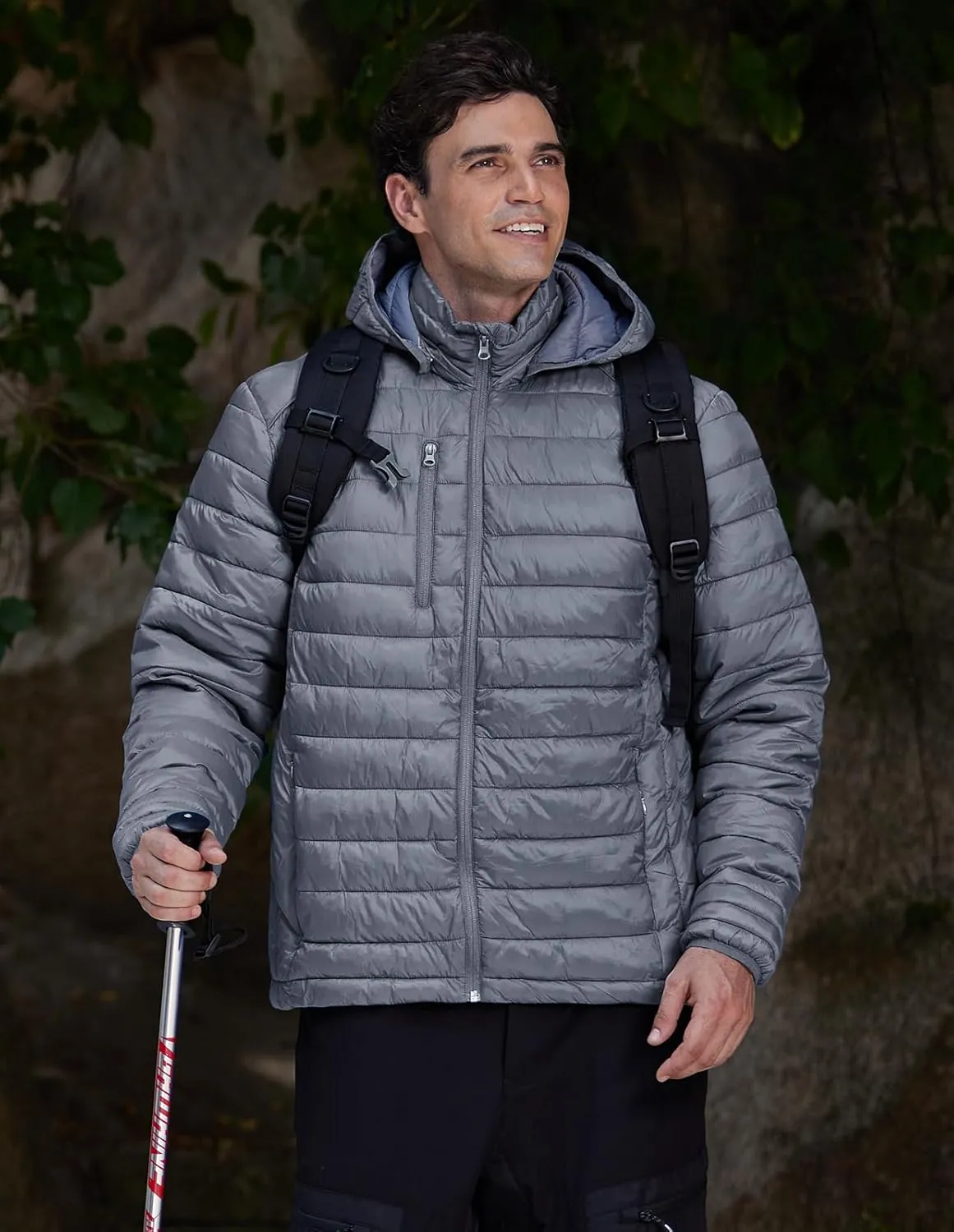 fit space Mens Down Alternative Jacket Quilted Lightweight Packable Padding Coat with Detachable Hood