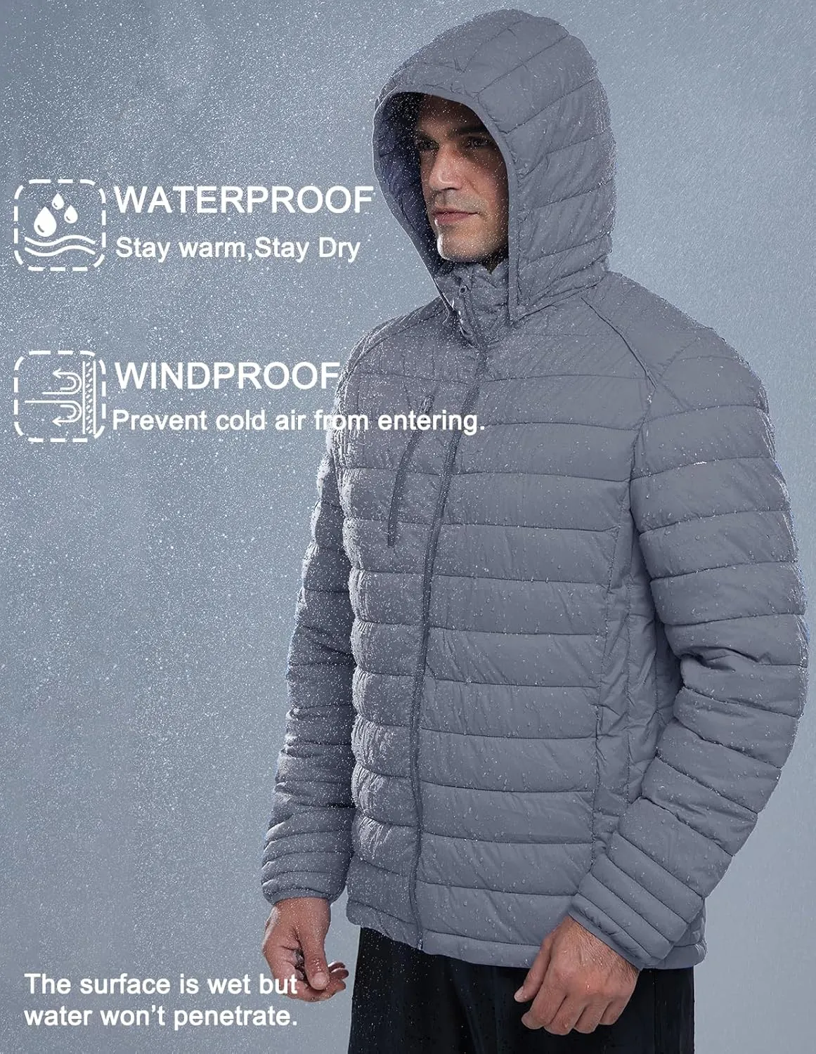 fit space Mens Down Alternative Jacket Quilted Lightweight Packable Padding Coat with Detachable Hood