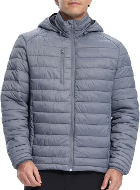 fit space Mens Down Alternative Jacket Quilted Lightweight Packable Padding Coat with Detachable Hood