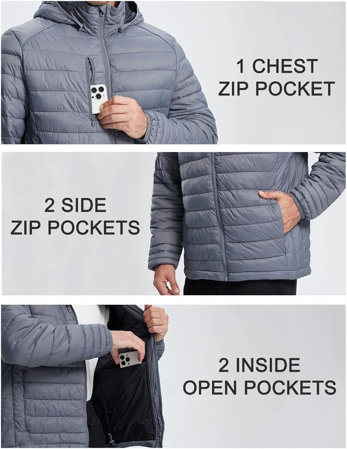 fit space Mens Down Alternative Jacket Quilted Lightweight Packable Padding Coat with Detachable Hood