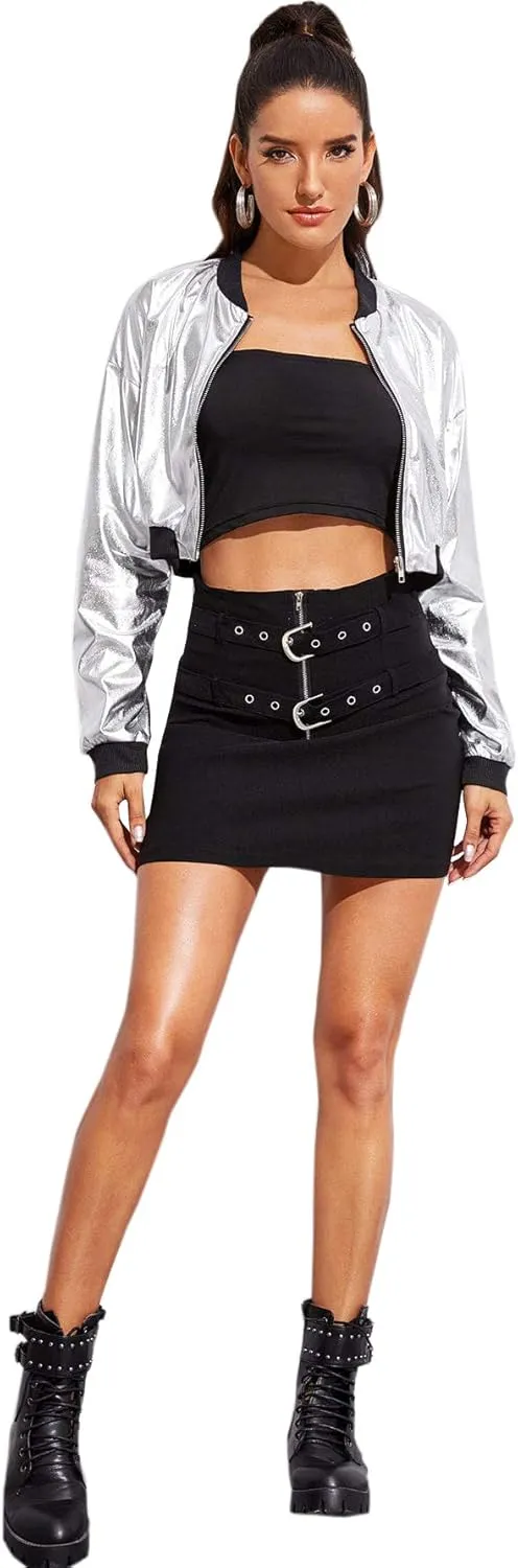 Floerns Women's Long Sleeve Lightweight Crop Bomber Jacket