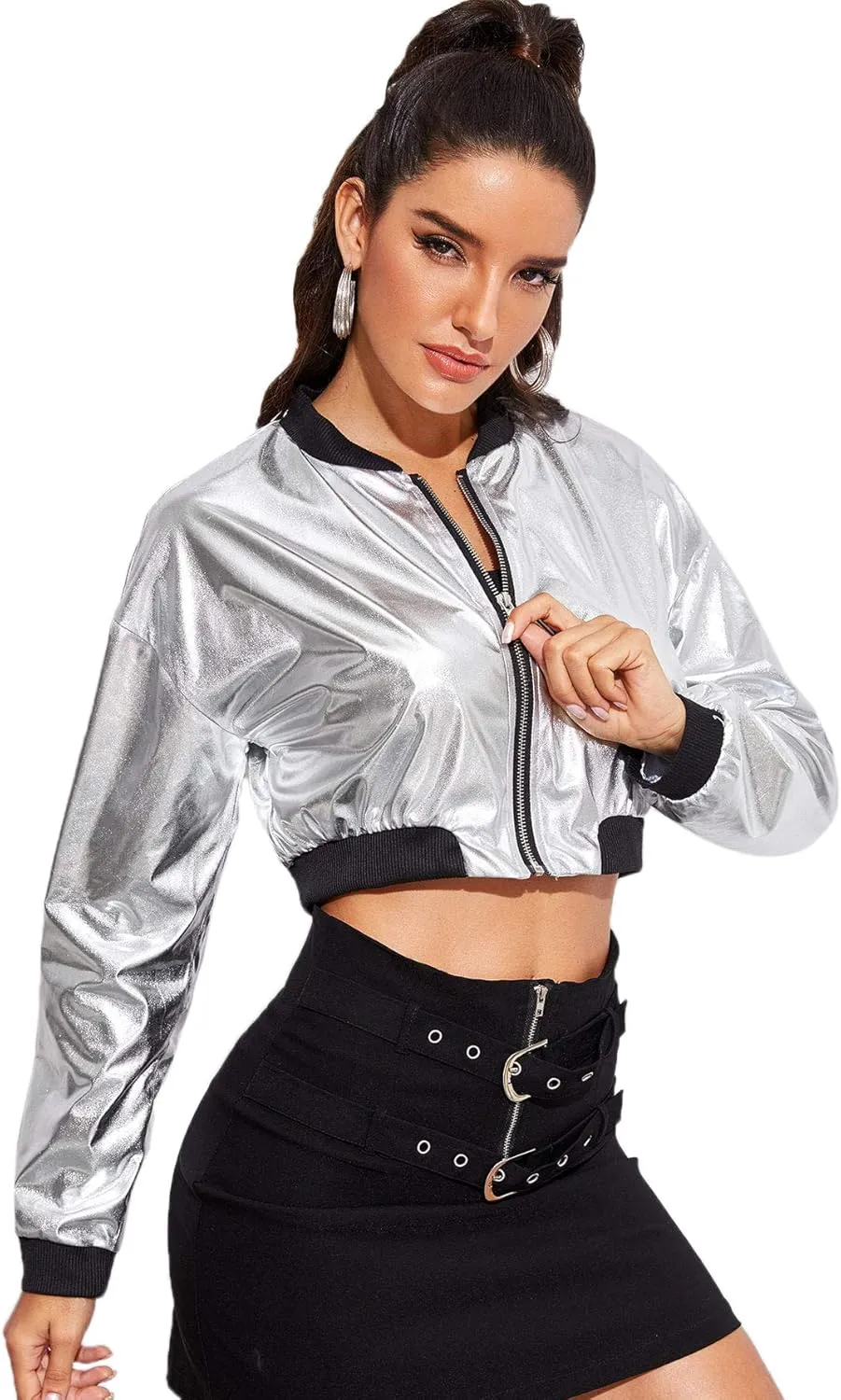 Floerns Women's Long Sleeve Lightweight Crop Bomber Jacket
