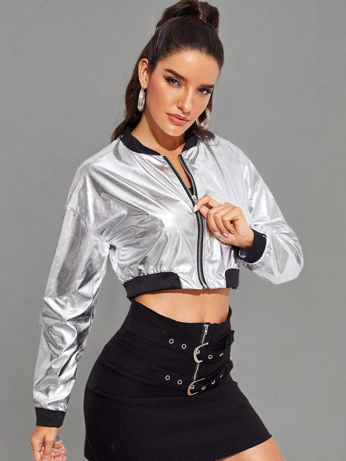 Floerns Women's Long Sleeve Lightweight Crop Bomber Jacket
