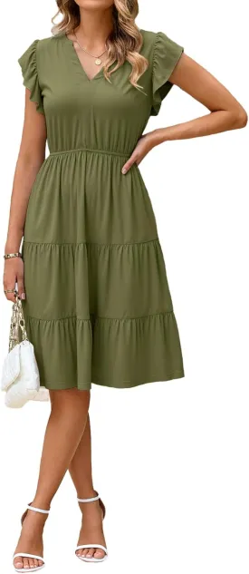 Glamaker Floral Tiered Midi Sundress Casual Summer V Neck Flutter Sleeve Striped Sun Dress with Pockets