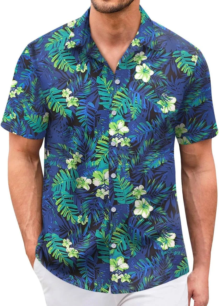 Hawaiian Shirt for Men Sleeves Printed Casual Button Down Summer Beach Dress Shirts