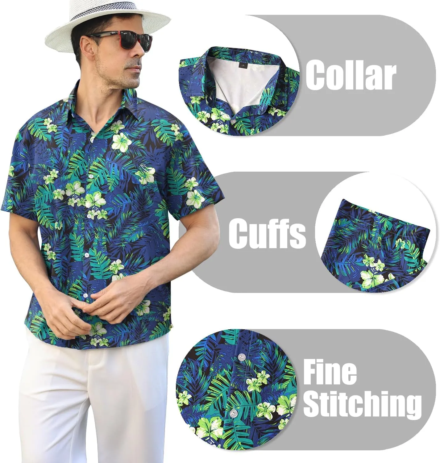 Hawaiian Shirt for Men Sleeves Printed Casual Button Down Summer Beach Dress Shirts
