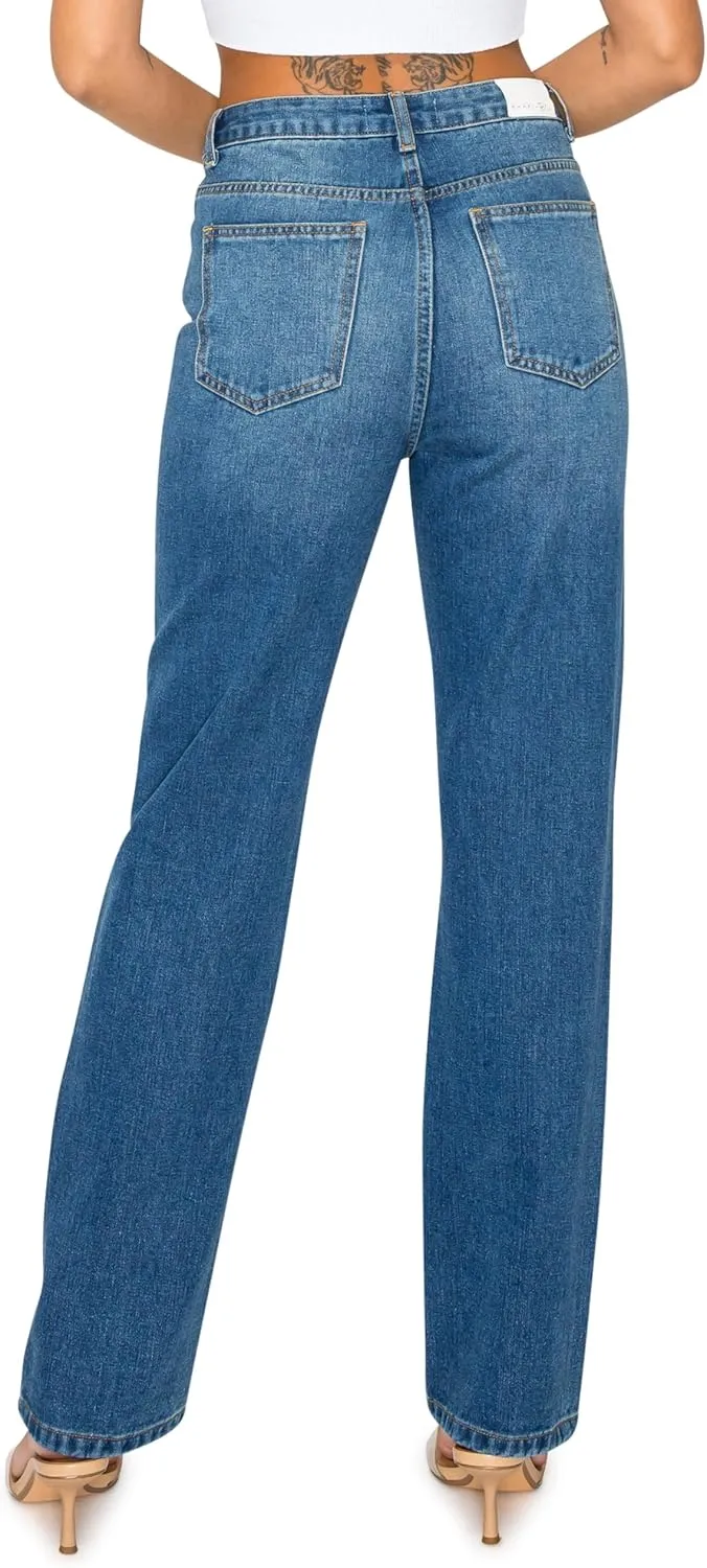 KHAKI & BLUE Womens Denim Jeans  High Waisted Straight Leg Pants with Button Down Closure