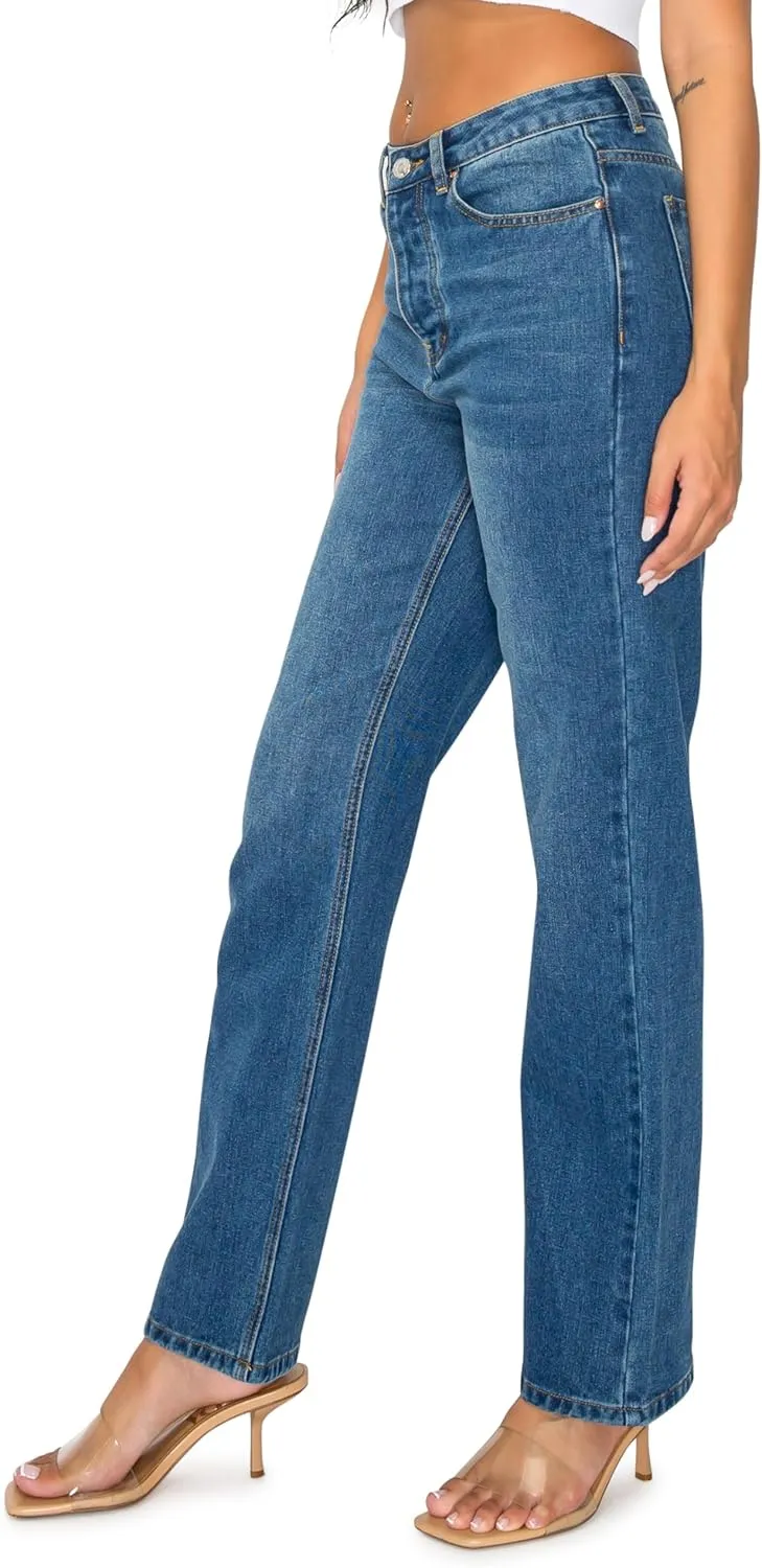 KHAKI & BLUE Womens Denim Jeans  High Waisted Straight Leg Pants with Button Down Closure