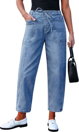 luvamia Barrel Jeans Women Trendy High Waisted Pull On Drawstring Elastic Waist Stretchy Denim Pants with Utility Pocket