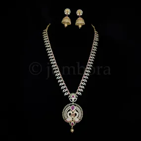 Mango and Peacock Designer Long Zircon (CZ) Stone Haaram set with Jhumka