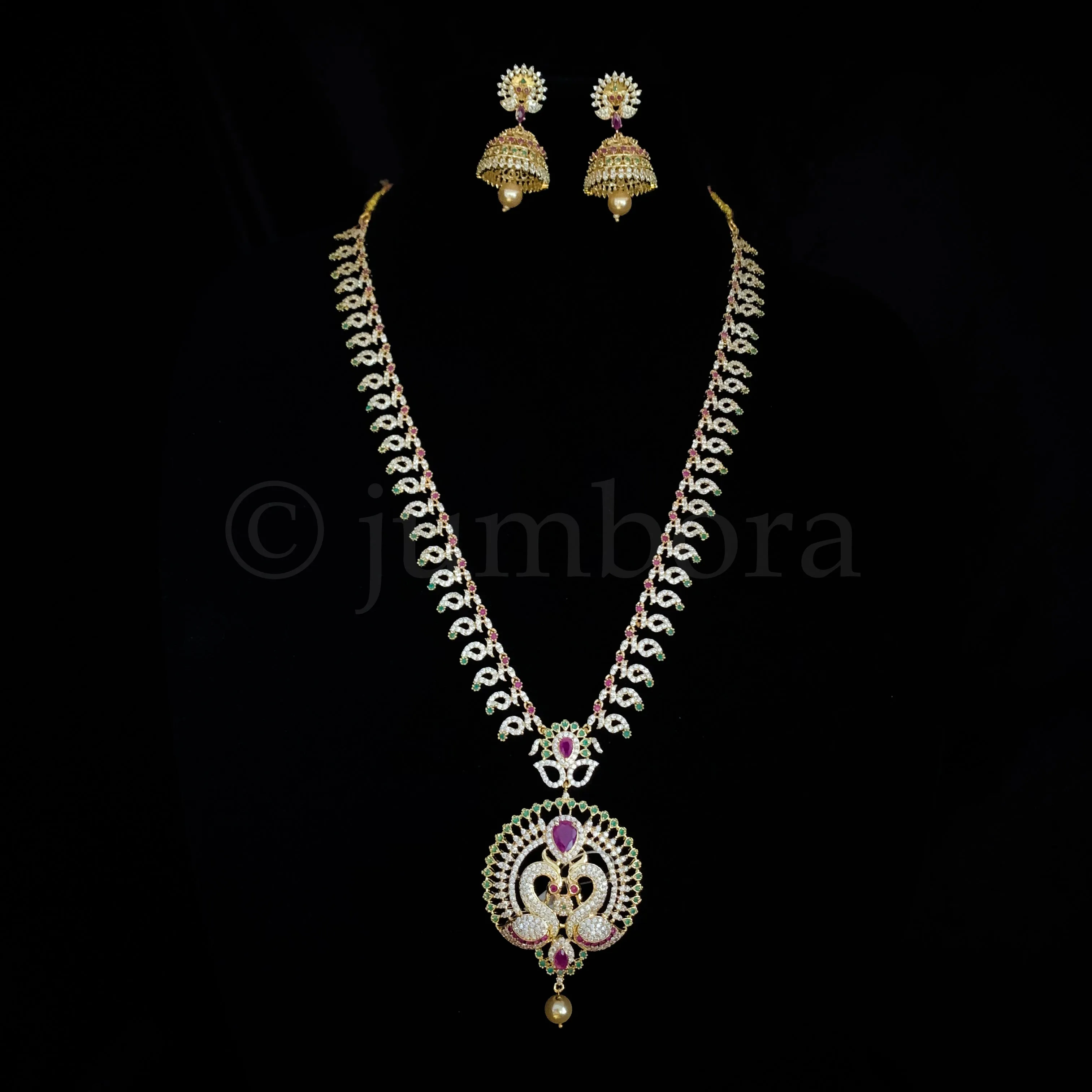Mango and Peacock Designer Long Zircon (CZ) Stone Haaram set with Jhumka