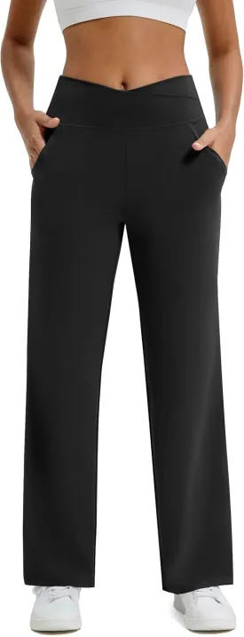 Maxbee Wide Leg Pants for Women Casual Work Pants Crossover High Waisted Yoga Pants with Pockets