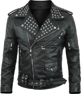 Mens Black Leather Jacket - Asymmetrical Moto Style Real Lambskin Studded Leather Jacket Rock Punk Fashion