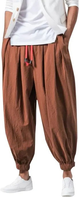Mens Casual Drop Crotch Harem Pants Wide Leg Drawstring Oversized Tapered Pants Elastic Waist Baggy Hip Hop Trousers