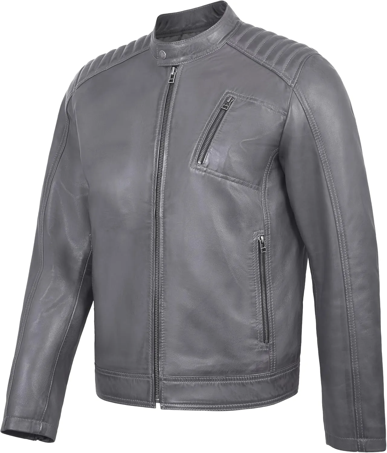 Men's Genuine Lambskin Leather Motorcycle Jacket  Vintage Cafe Racer Style Slim Fit Biker Coat