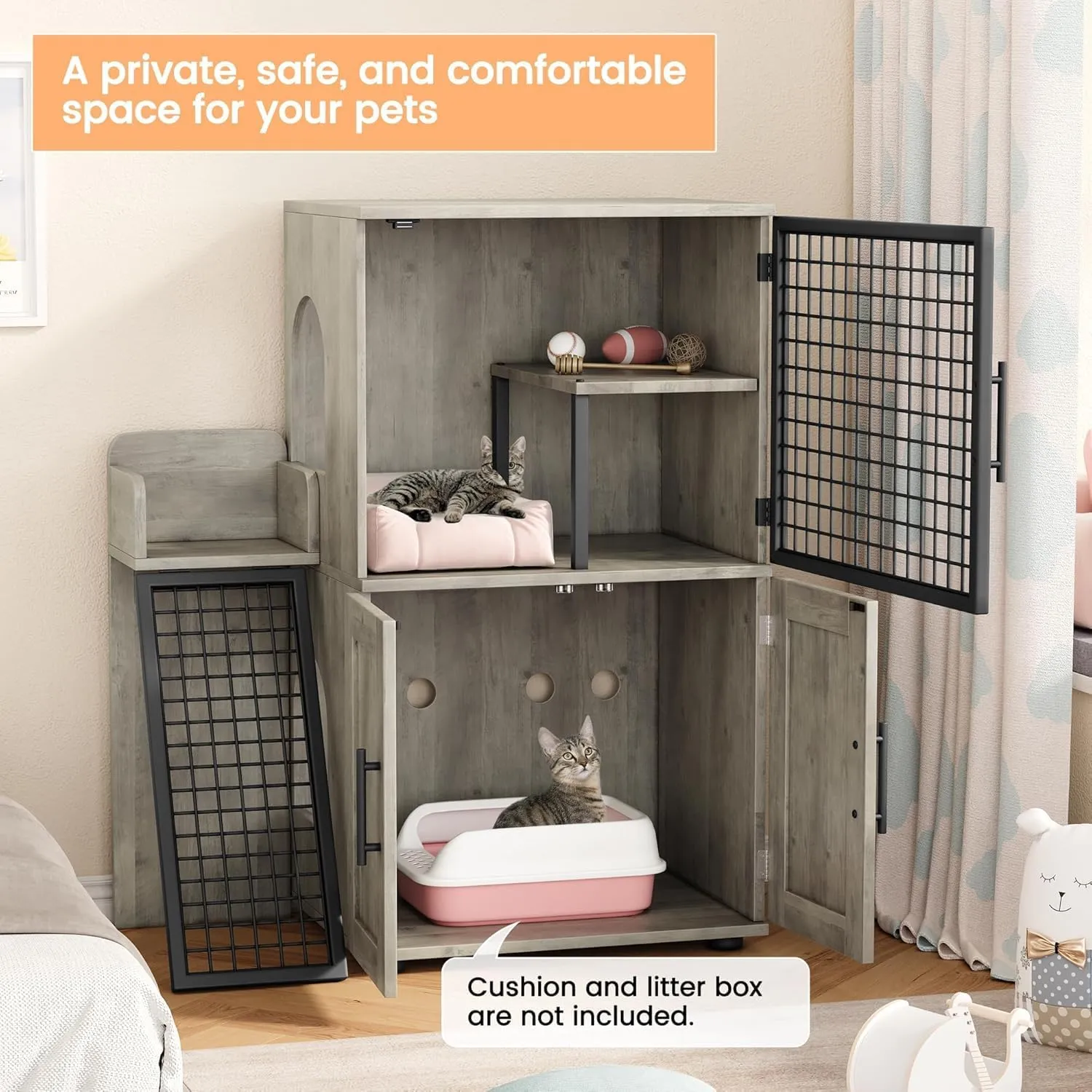 Modern 2-Tier Cat Litter Box Enclosure  33.5" L x 17.9" W x 41.9" H  Hidden Litter Box Furniture with Two Floors, Fits 22 x 17 Litter Box & Cat Bed(Dark Gray)