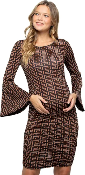 My Bump Women's Maternity Dress - Printed Fitted Stretch Bell Sleeve W/Ruched