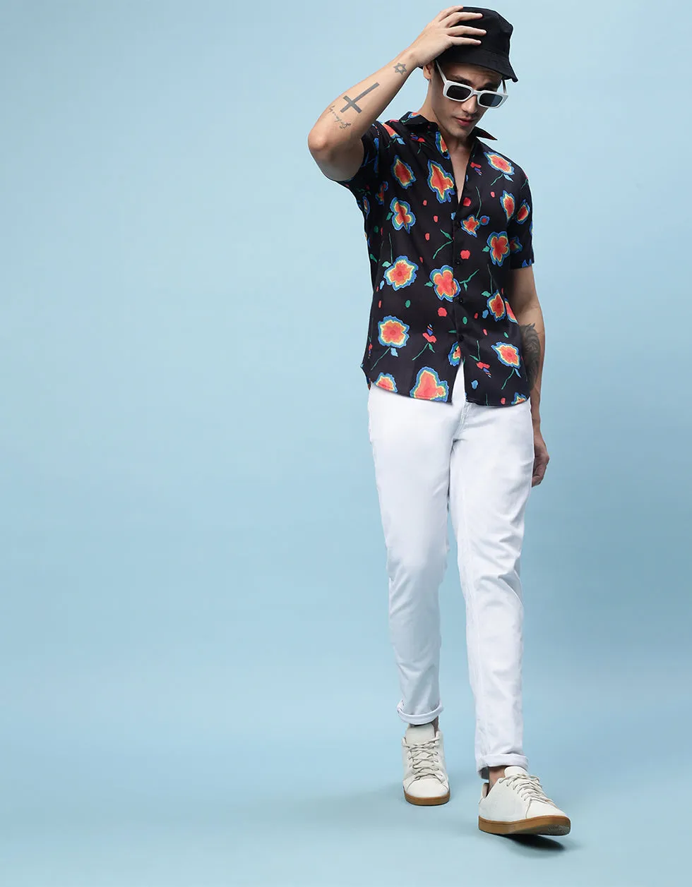 Navy Floral Printed Casual Shirt