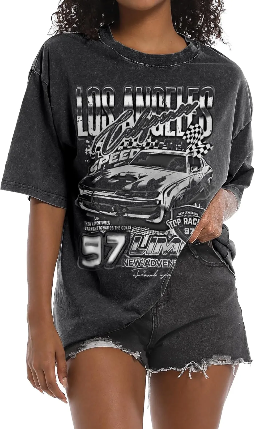 Oversized Graphic Tees for Women Baggy Streetwear Preppy Shirts for Teens Race Car Checkered Flag Drop Shoulder Top