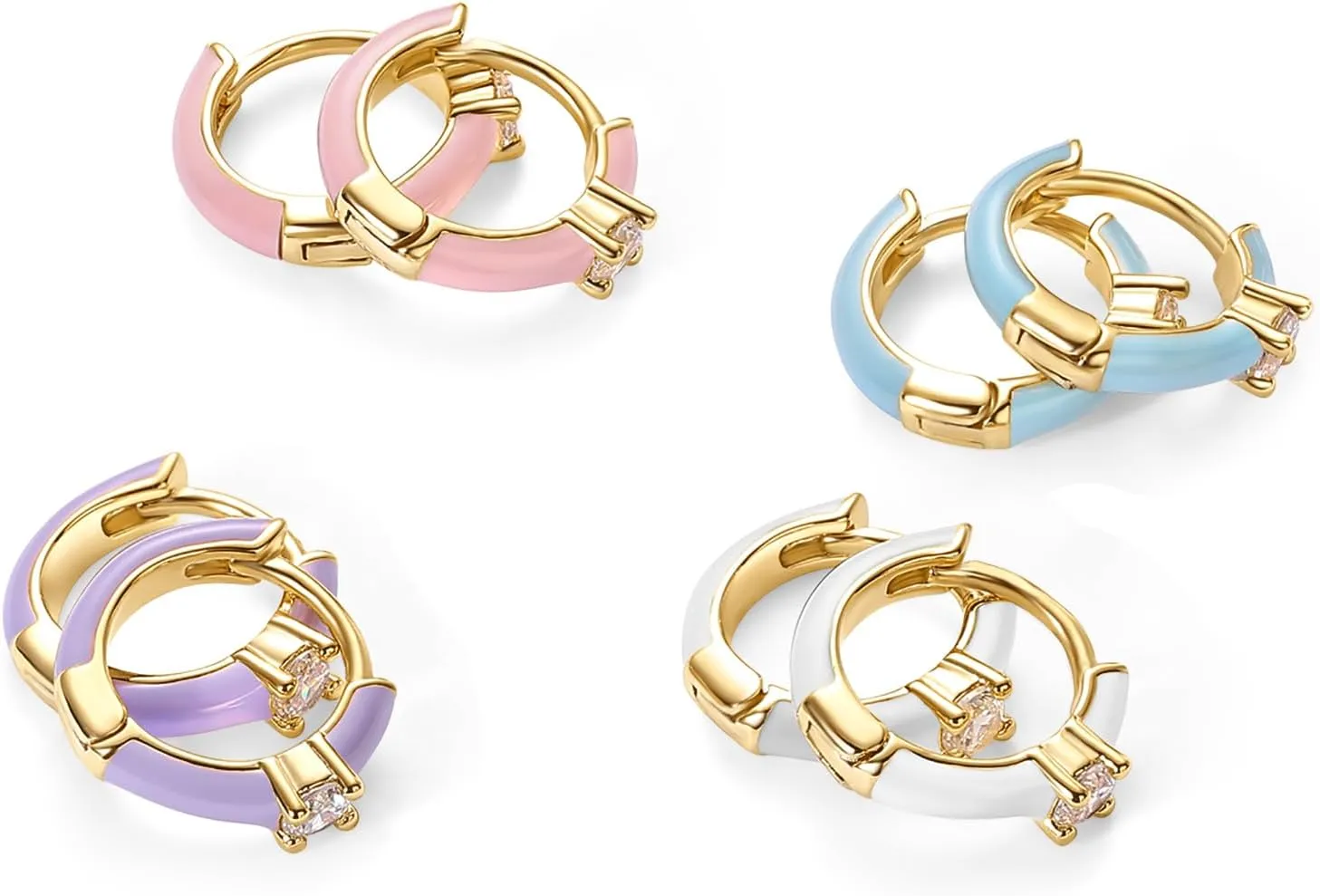PAVOI 14K Gold Plated Sterling Silver Post Earrings for Women - Colored Enamel Cubic Zirconia Huggie Hoop Earrings - Blue Pink Purple White Jewelry