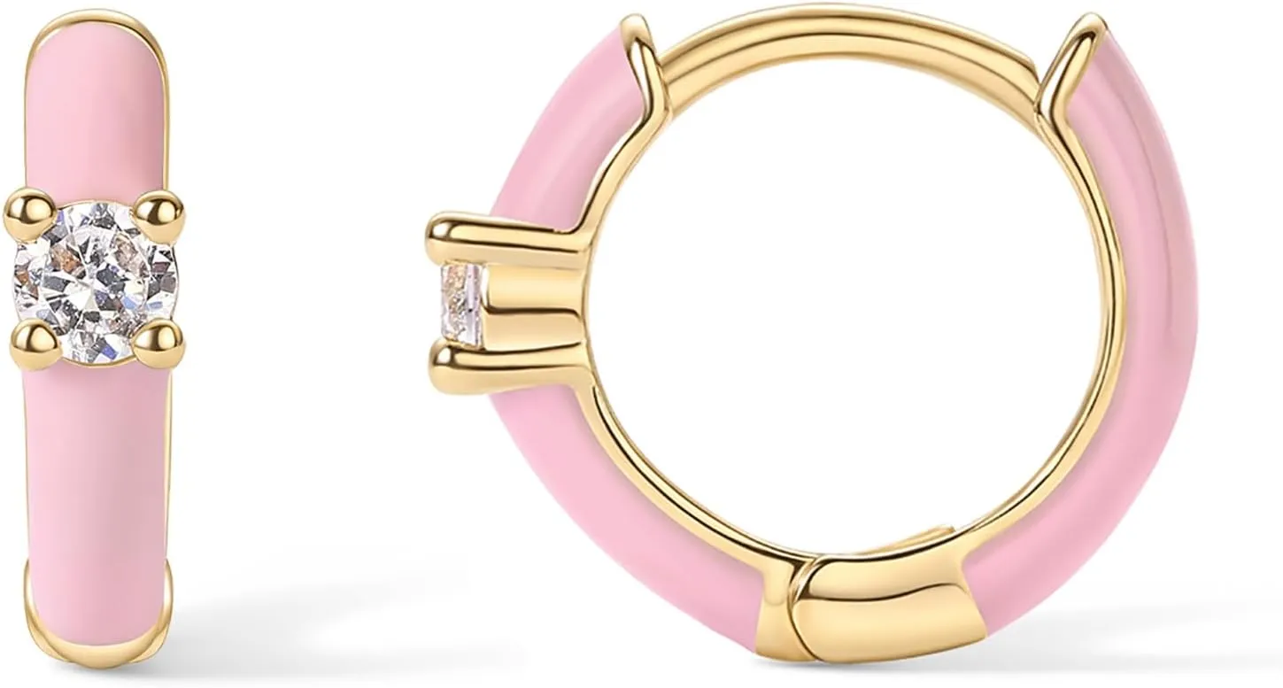 PAVOI 14K Gold Plated Sterling Silver Post Earrings for Women - Colored Enamel Cubic Zirconia Huggie Hoop Earrings - Blue Pink Purple White Jewelry