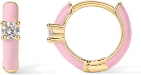 PAVOI 14K Gold Plated Sterling Silver Post Earrings for Women - Colored Enamel Cubic Zirconia Huggie Hoop Earrings - Blue Pink Purple White Jewelry
