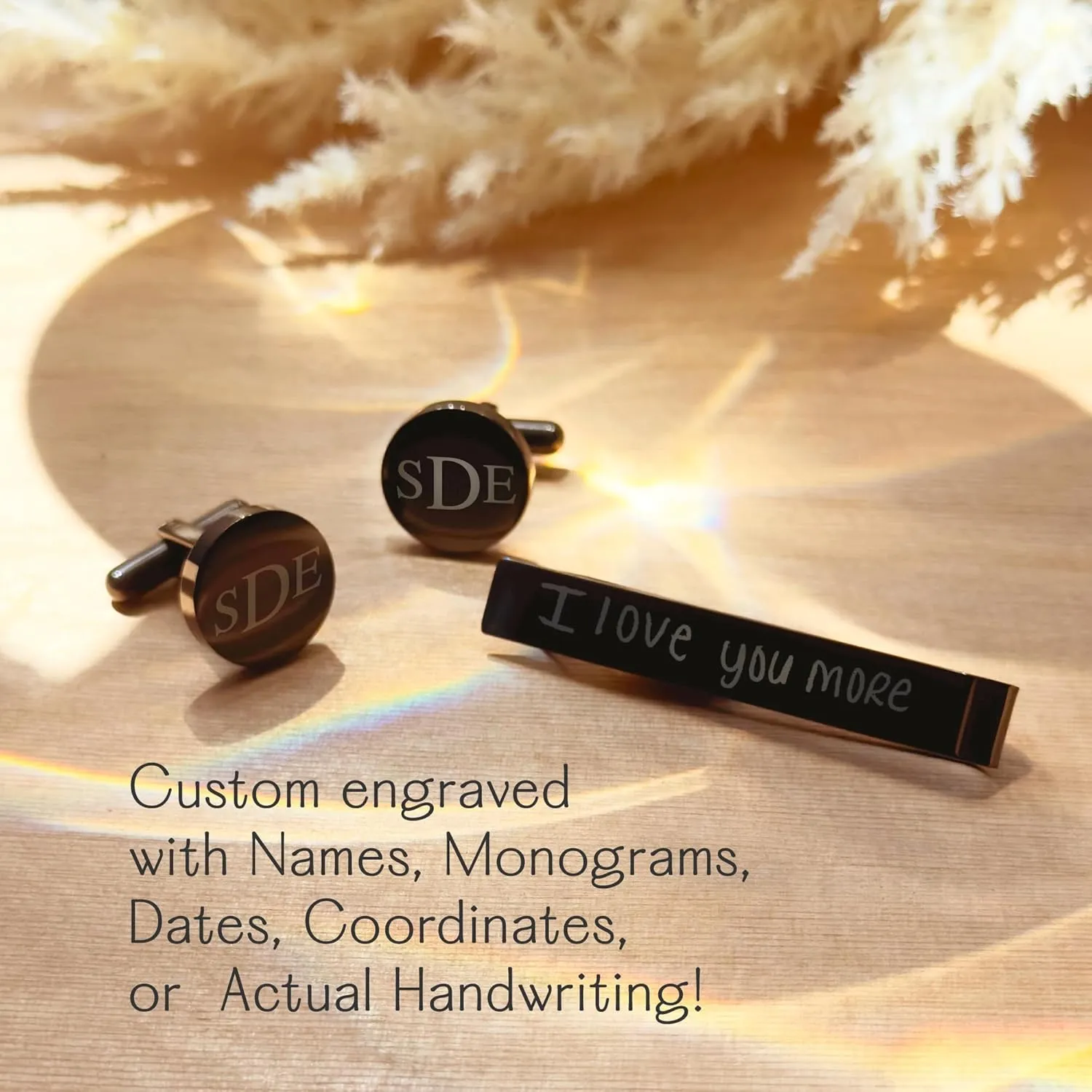 Personalized Tie Clip & Cufflinks Gift Set for Men  Engraved Monogram, Date, Handwriting, Crest, Logo  Custom Father's Day Gift for Dad  Gold, Silver, Black  Father in Law  Father of the Bride