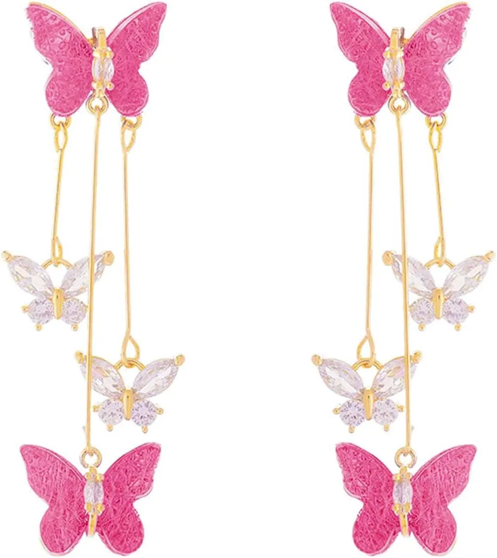 Pink Butterfly Tassel Dangle Earrings for Women Purple/Blue Rhinestone Earrings Long Butterfly Crystal Drop Earrings Jewelry for Women