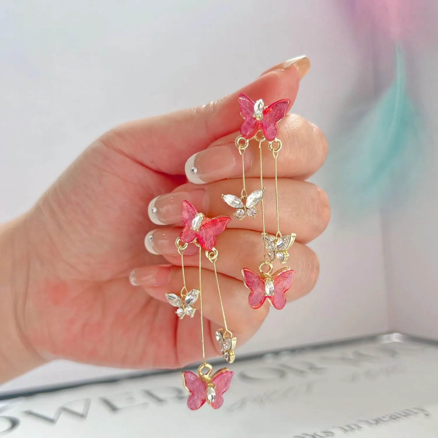 Pink Butterfly Tassel Dangle Earrings for Women Purple/Blue Rhinestone Earrings Long Butterfly Crystal Drop Earrings Jewelry for Women