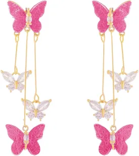 Pink Butterfly Tassel Dangle Earrings for Women Purple/Blue Rhinestone Earrings Long Butterfly Crystal Drop Earrings Jewelry for Women